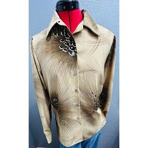 Vintage 80s Jordan Feather Print Blouse Womens S Disco Style Dagger Collar
